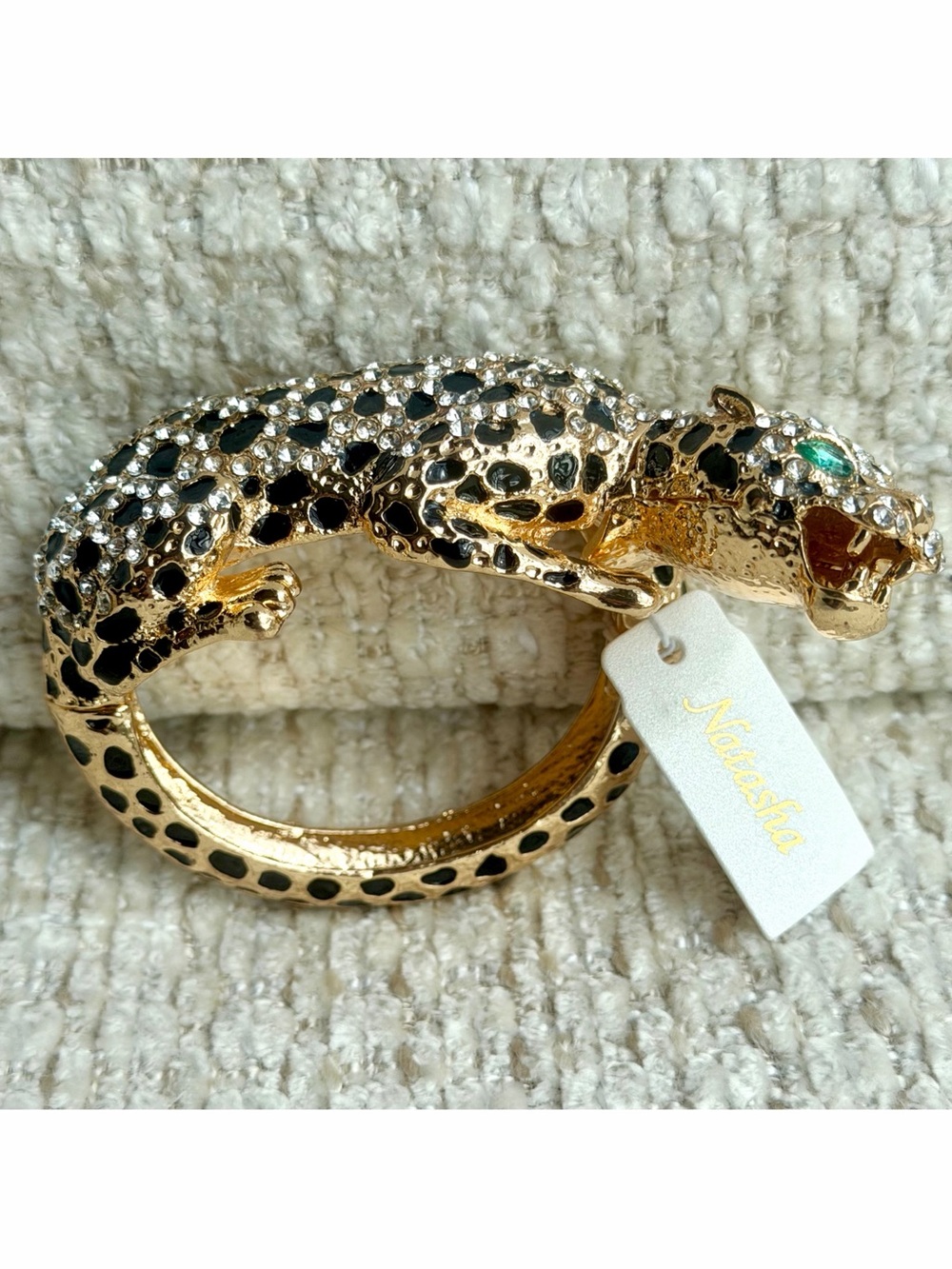 Natasha Rhinestone Jaguar Hinged Bangle Cuff Bracelet Gold Tone Leopard Chunky
